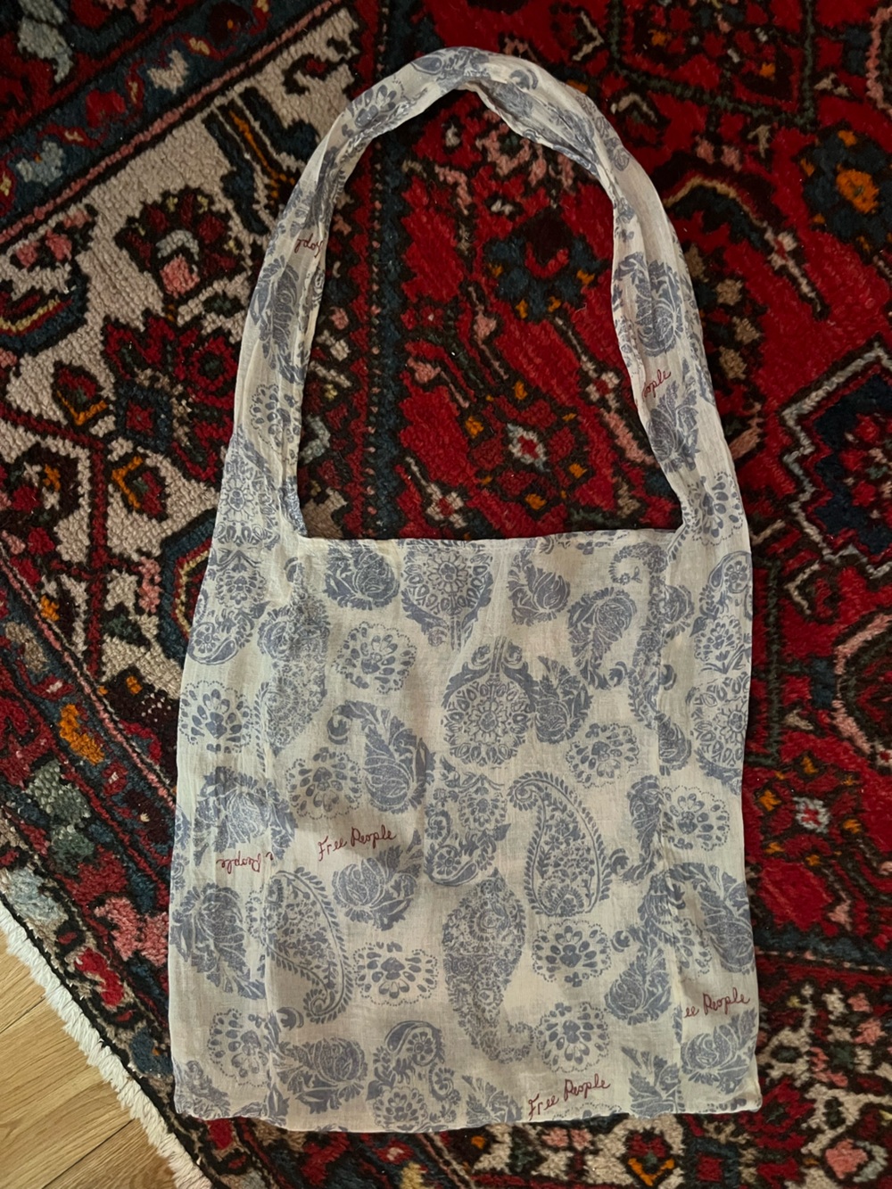 Free People Boho Linen Tote Bag Paisley Cream/Blue